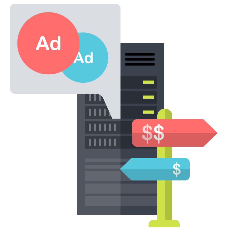 Graphic representation of bulding containing large ads banner